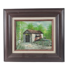 Mid-Century Charm: Original Forrestor Oil Painting of Covered Bridge - 16x13