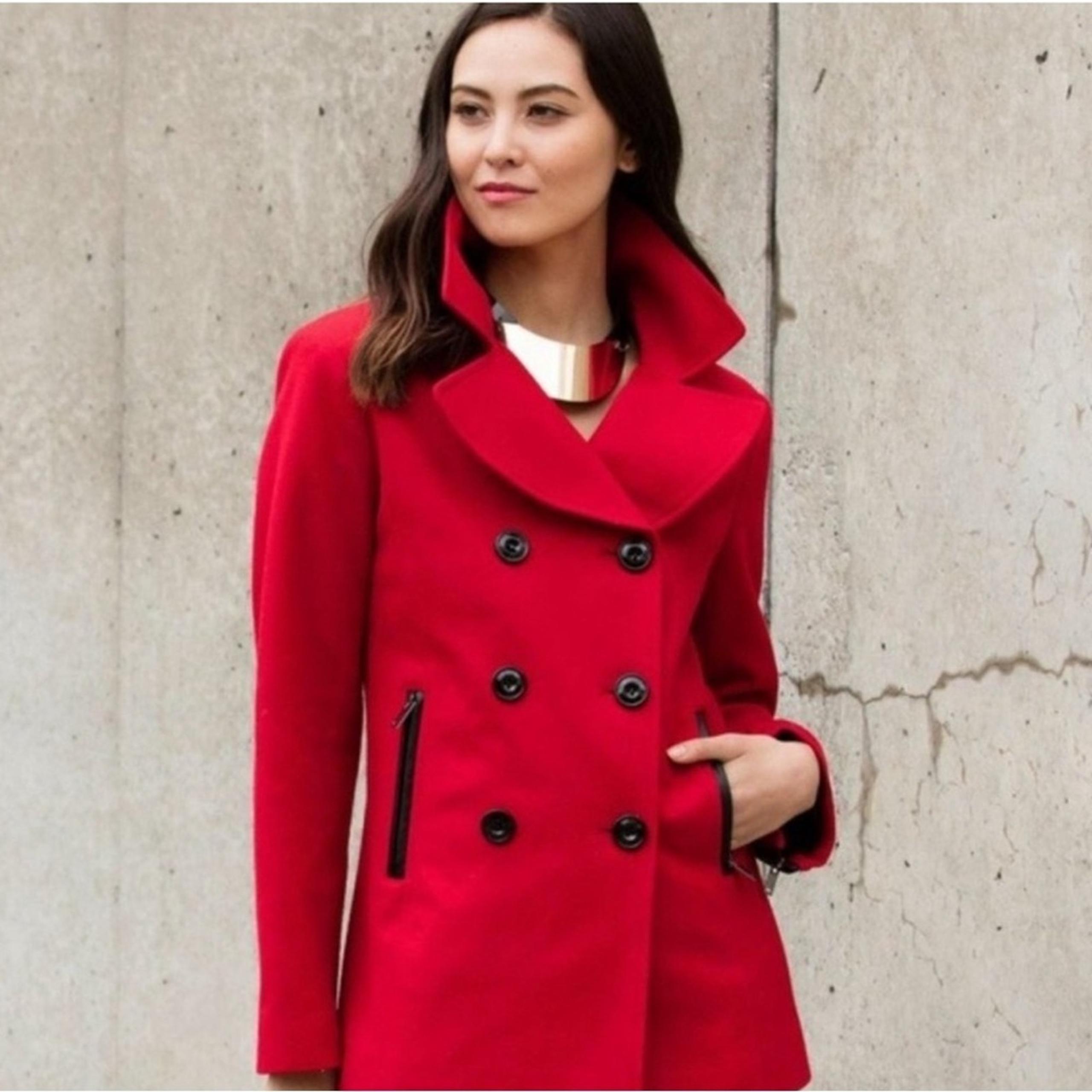 Black Rivet Candy Apple Red Wool Pea Coat