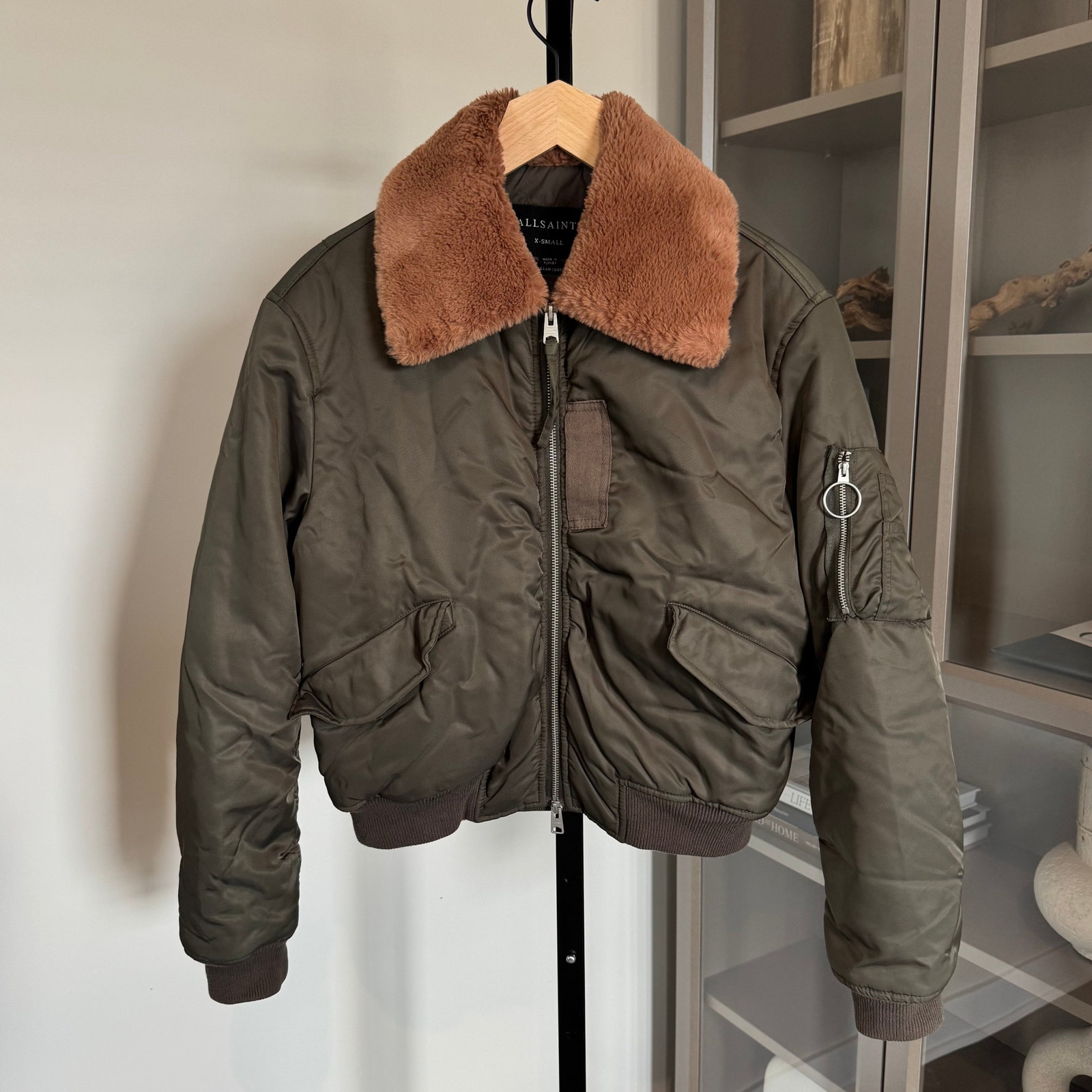 All Saints Luca Bomber Jacket Khaki Green Military Faux Fur Collar Full Zip XS