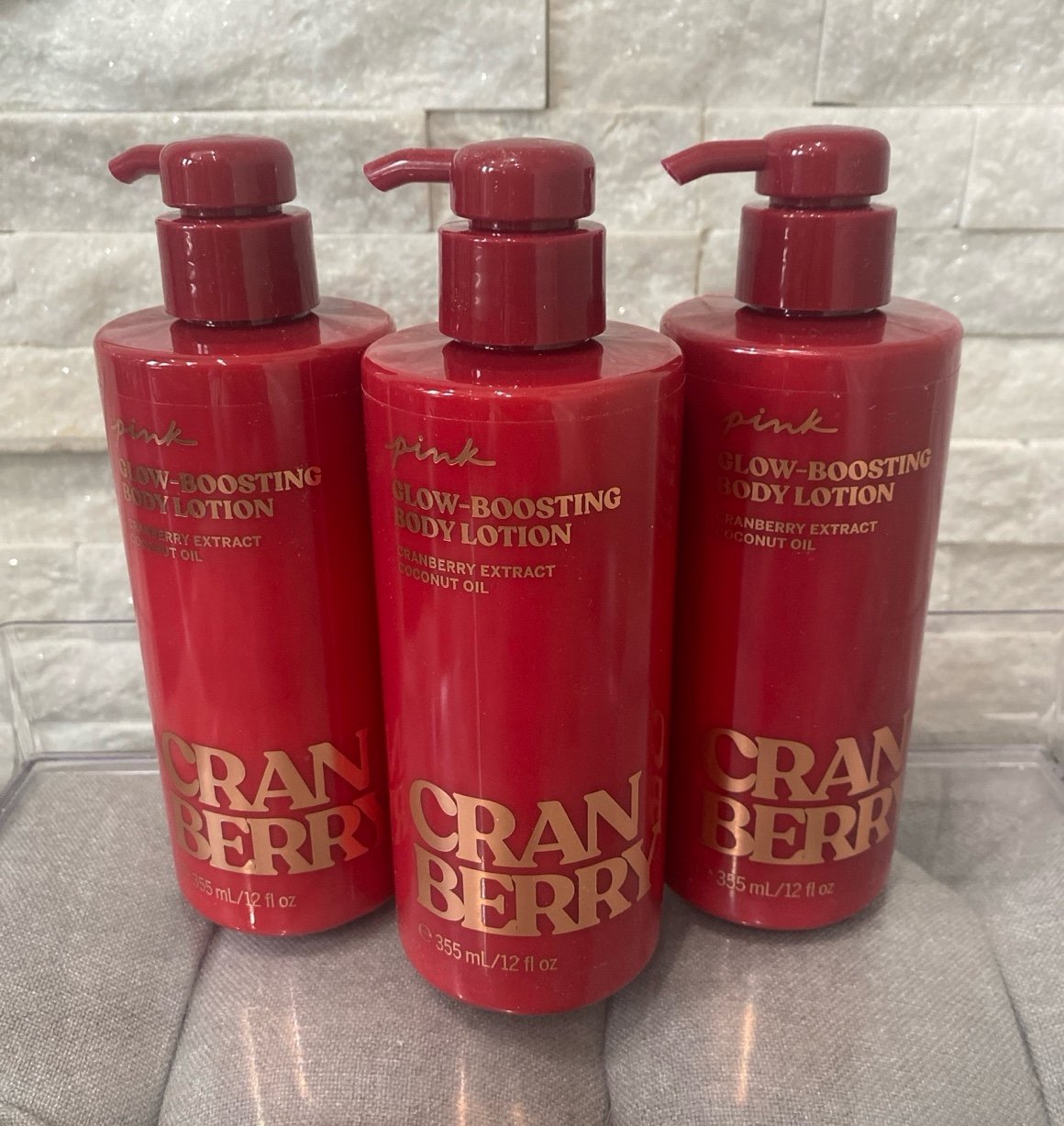Victoria's Secret PINK Cranberry Glow Boosting Body Lotion X3 Bundle