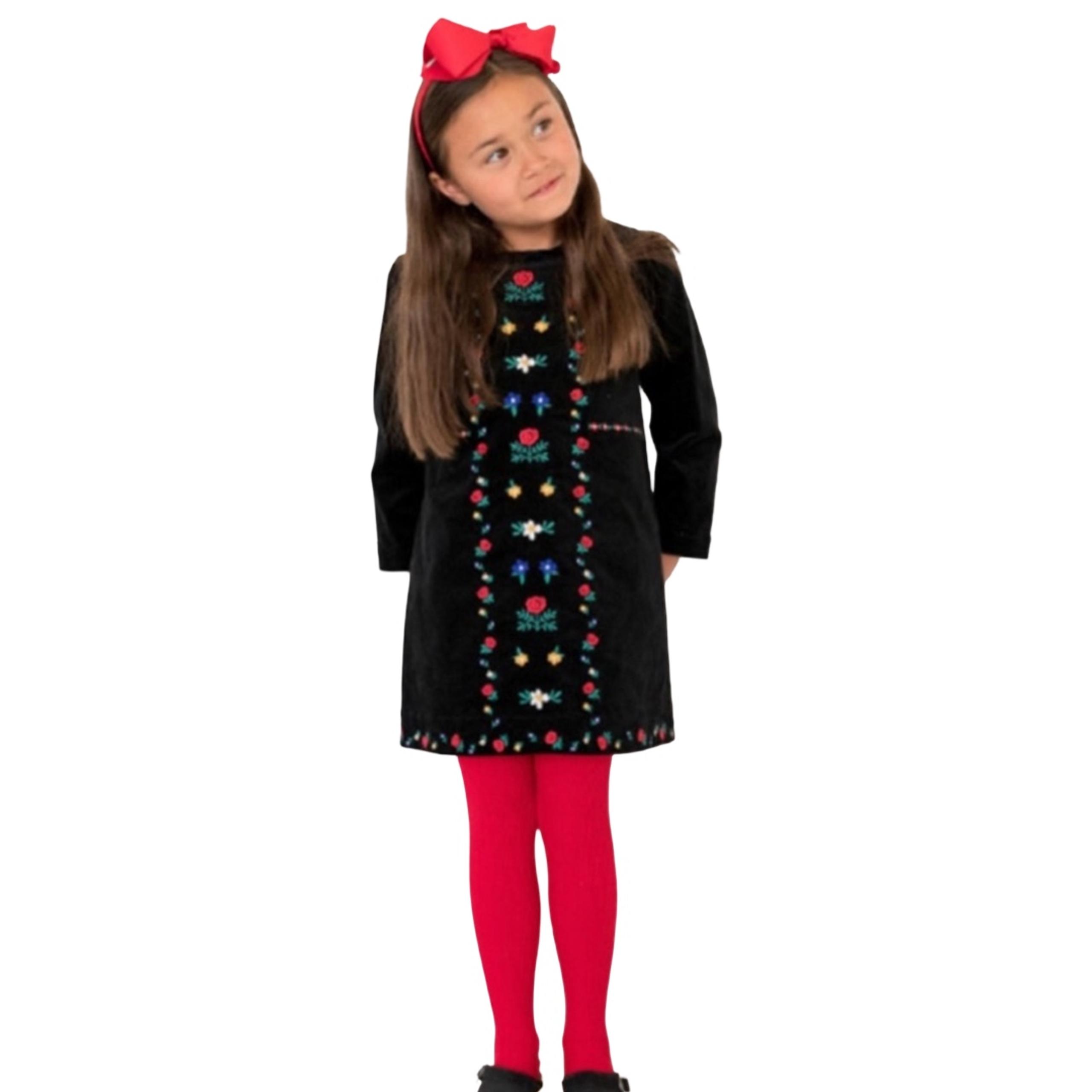 Hanna Andersson Girls Black Sno Happy Velveteen Embroidered Dress Size 5