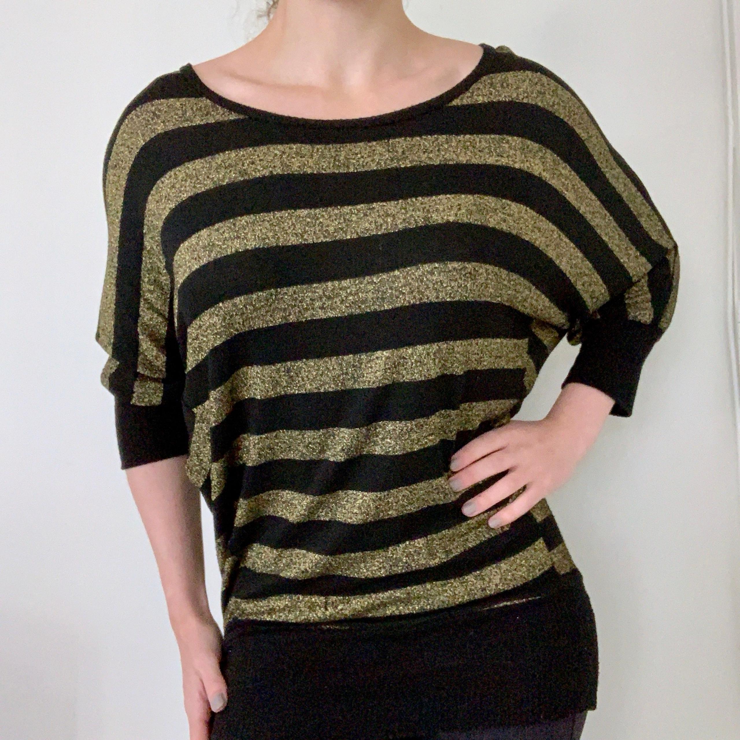 Forever 21 Black Gold Striped 3/4 Sleeve Top Glittery Stretch Festive Holiday