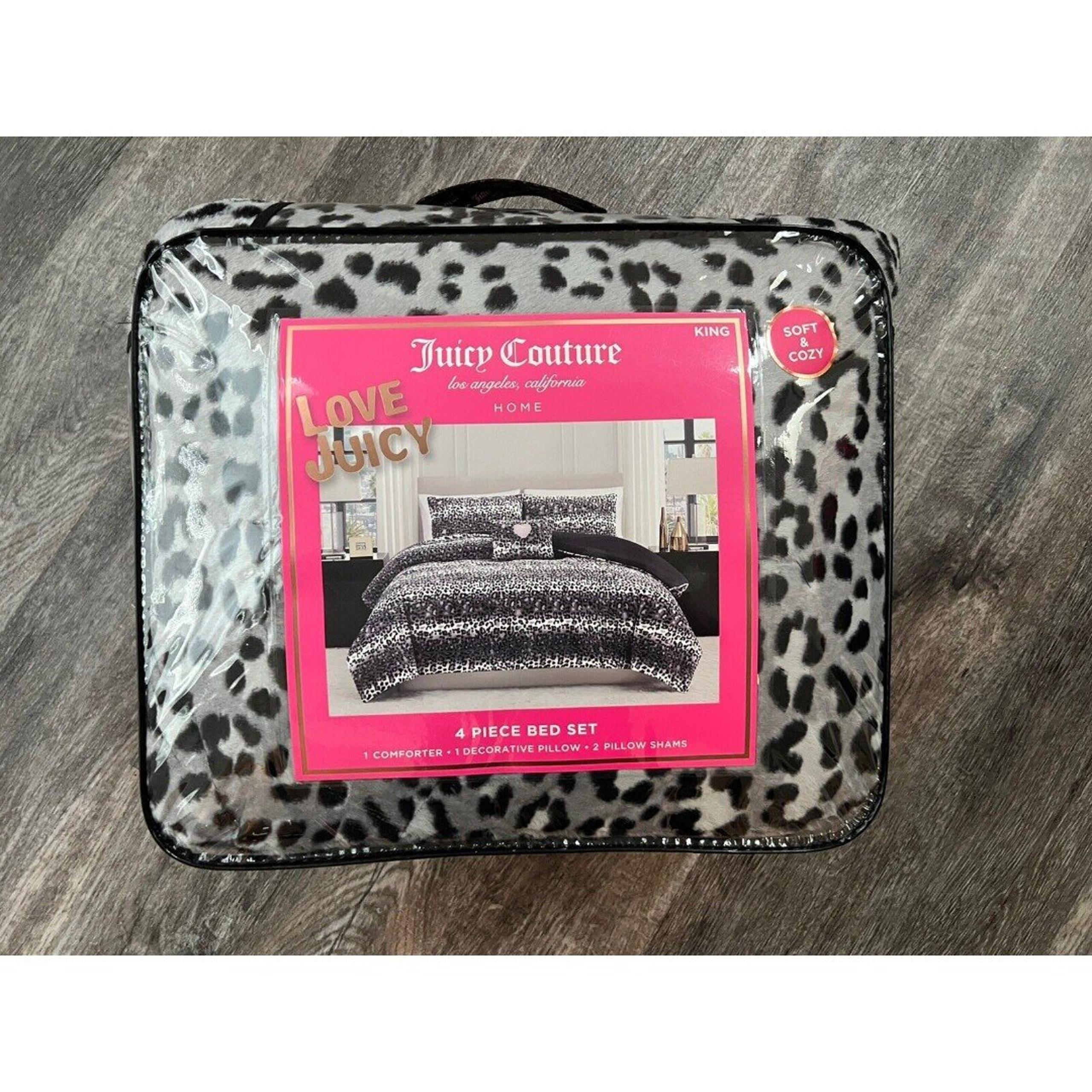 Juicy Couture Grey Black Leopard Print 4pc KING Comforter Pillow Set Soft & Cozy