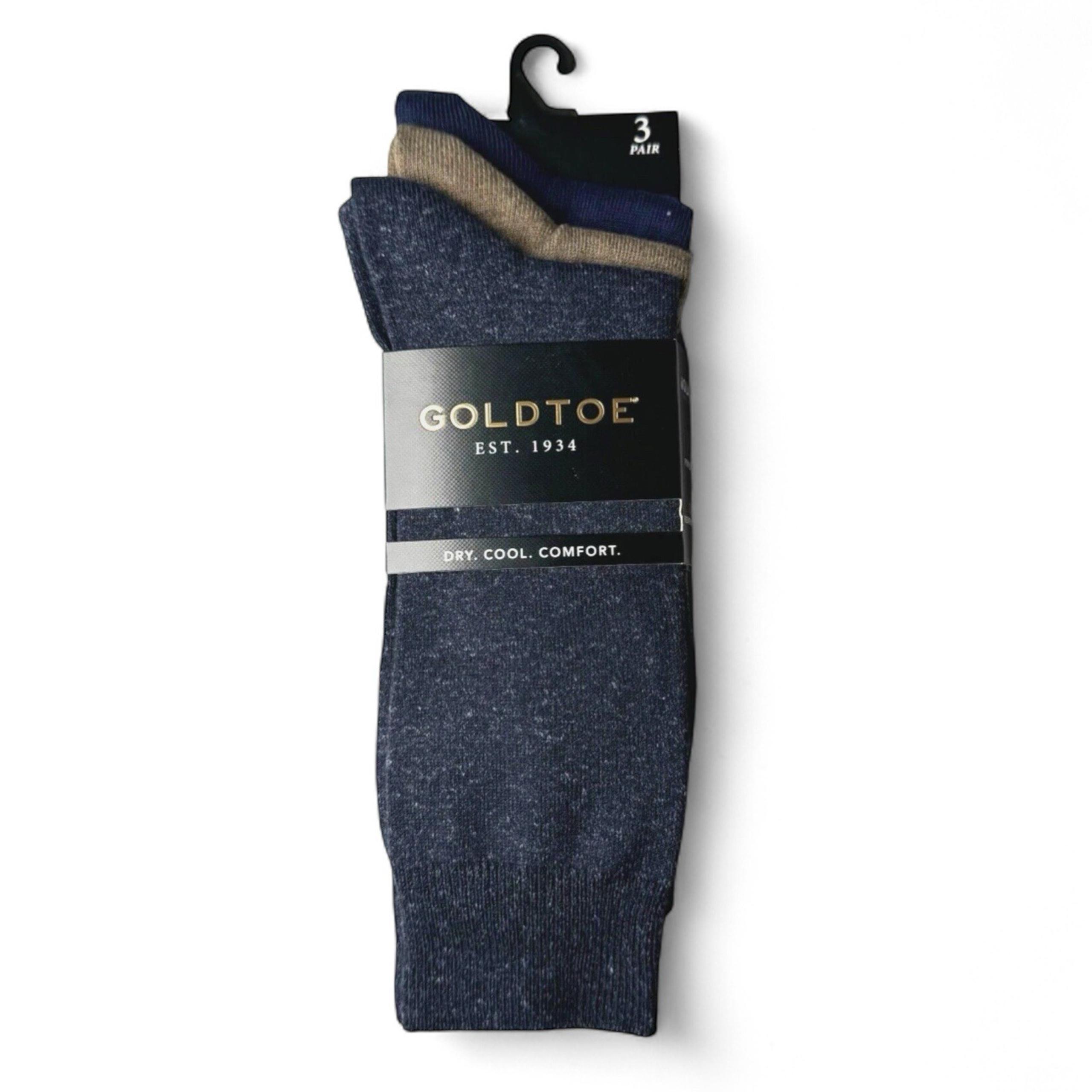 GOLD TOE Men's 3 Pair Solid Color AQUAFX Crew Socks Shoe Size 6-12 Blues Tan