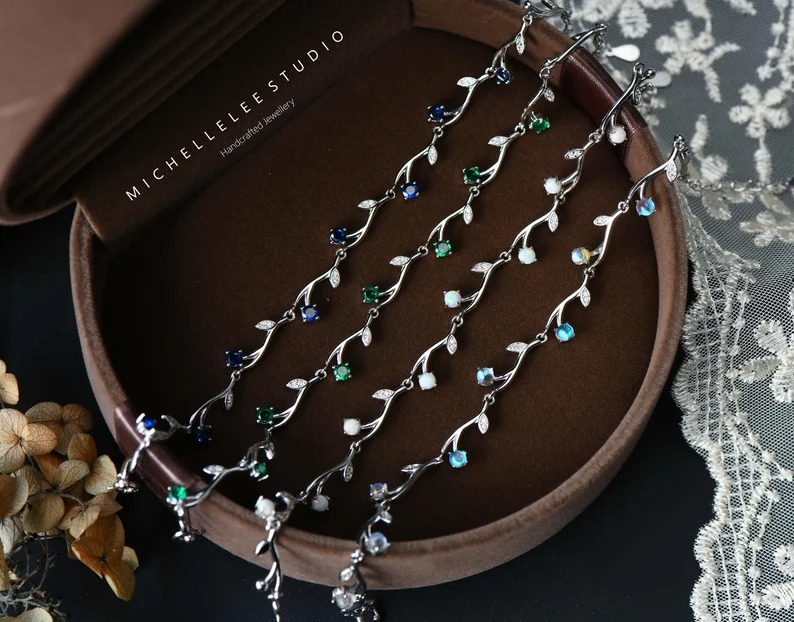 Dainty Tree Leaves Bracelet in Sterling Silver, CZ Crystal Olive Leaves Bracelet