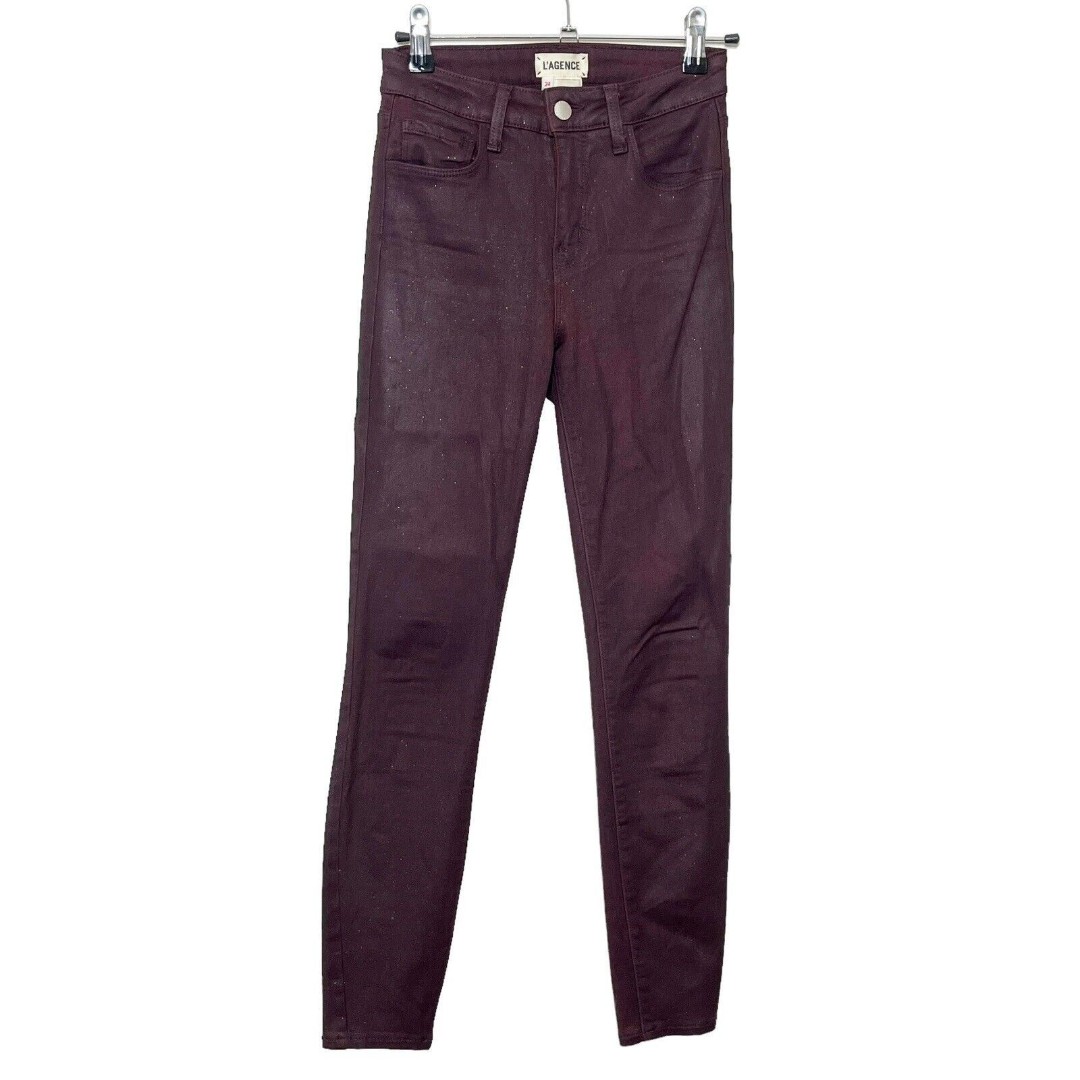 L'AGENCE Jeans Margot Skinny High Rise Crop Glitter Coated Bordeaux Womens 24