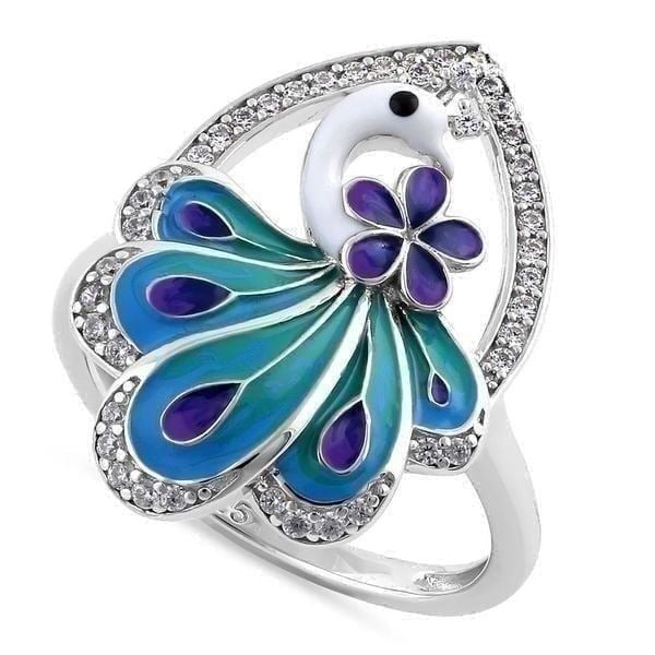 Sterling Silver Hand-Painted Multi-Colored Peacock Rhinestone Ring Womens 5 - 10