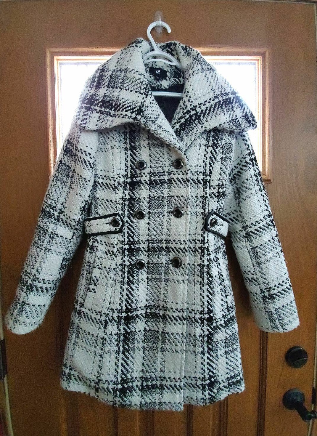 Plaid knee length pea coat