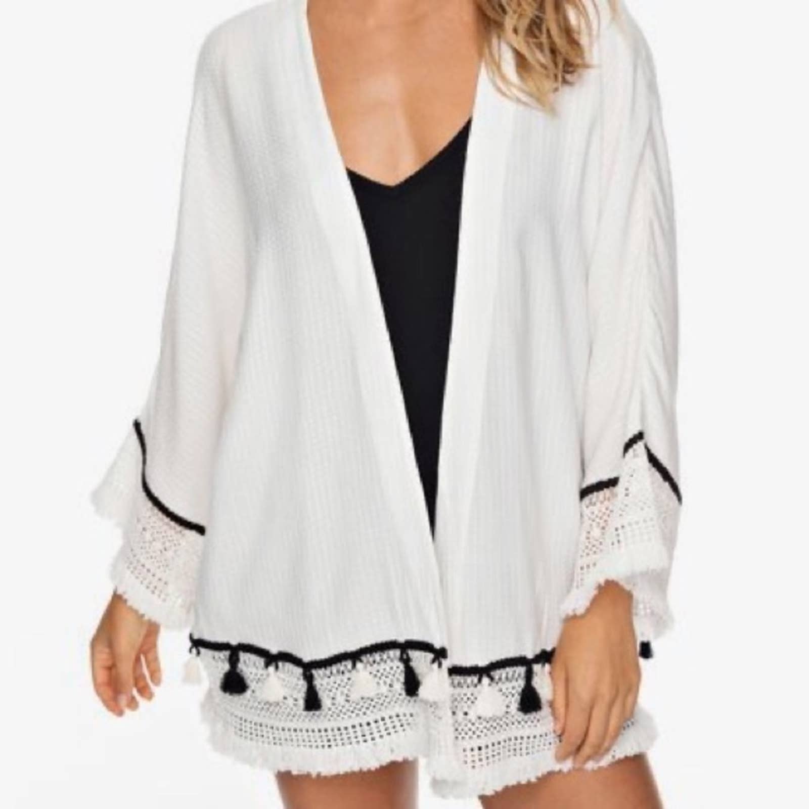 Roxy black and white tassel kimono Cardigan swim cover up size Small