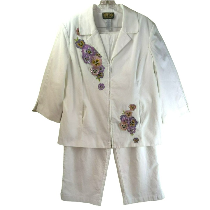 Bob Mackie Wearable Art Size L Fully Lined 2 PC White Pants Suit Colorful Floral