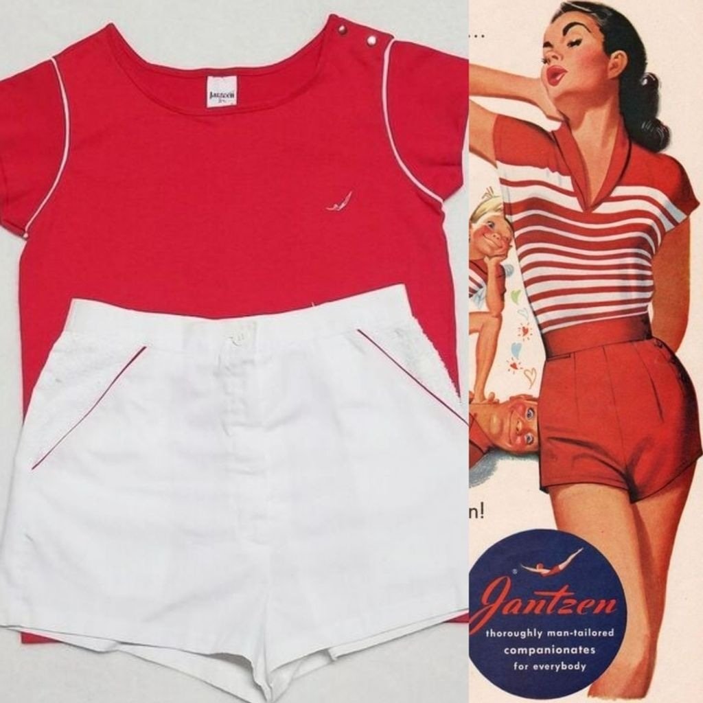 70s Rare Vintage Jantzen Red T-shirt High Rise Terrycloth Shorts Two-Piece Set M
