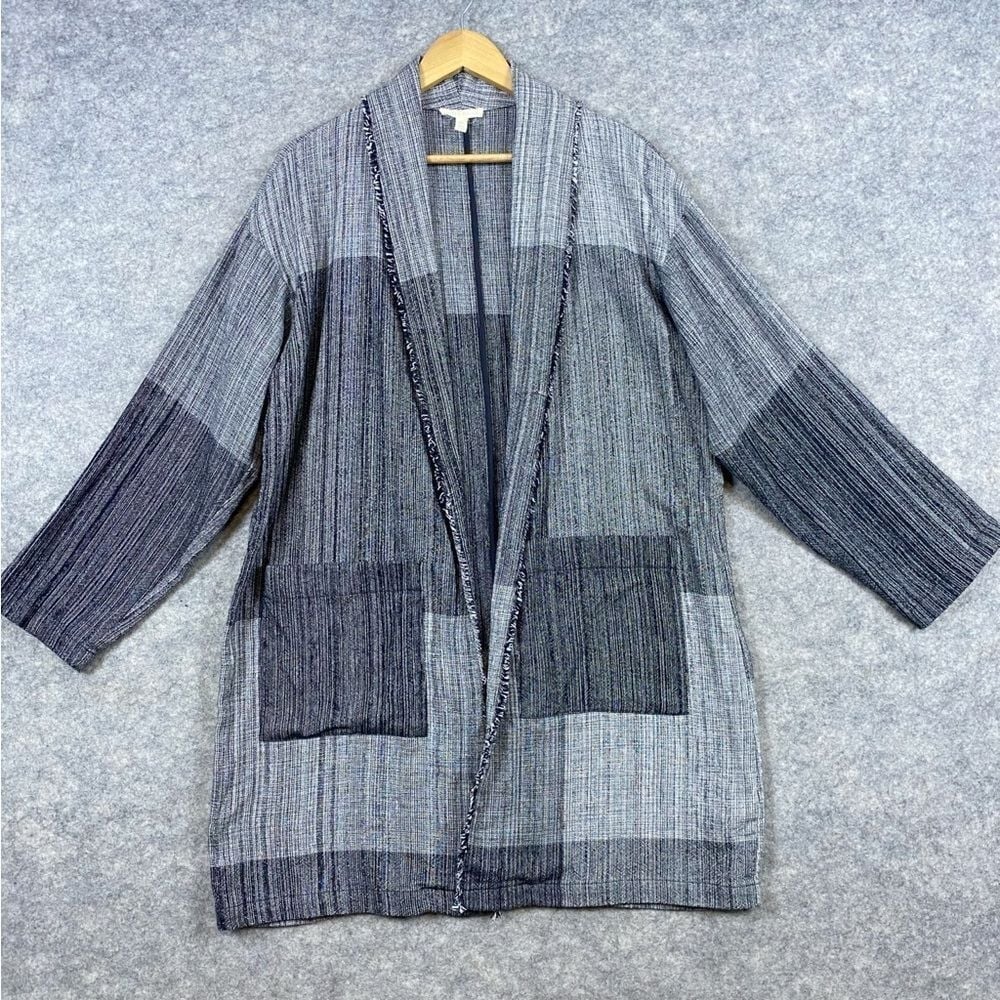 Eileen Fisher Hazy Blocks Jacket Duster Size L/XL Gray Lagenlook Organic Cotton