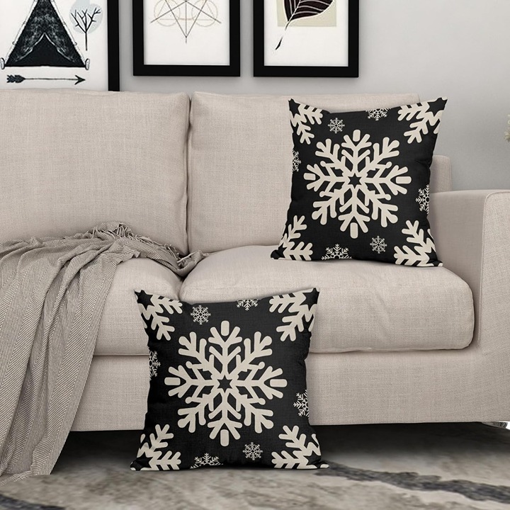 Black Christmas Pillow Covers 18x18 Inch Set of 2, Xmas Snowflakes Rustic