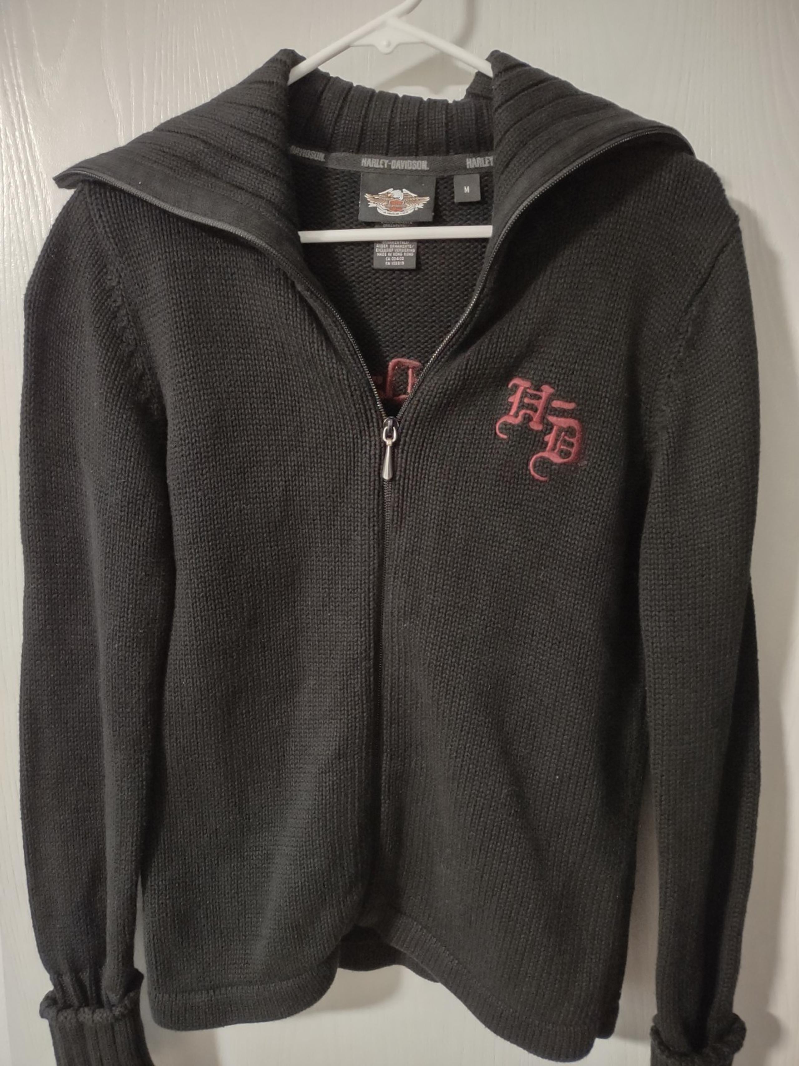 Women's Harley-Davidson Black & Burgundy Full Zip Embroidered Sweater Sz Medium