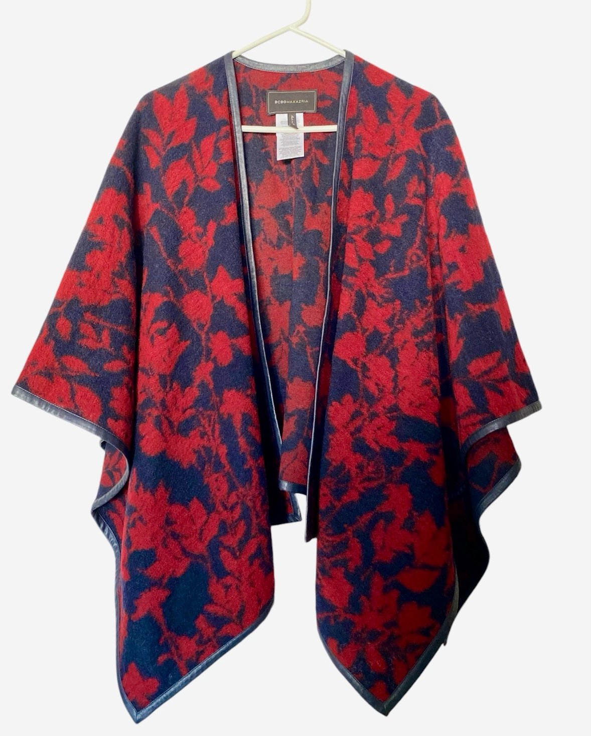 BCBGMaxAzria Rudy Wool Blend Blanket Poncho Red / Navy Blue - One Size