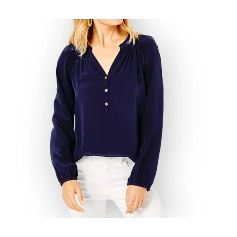 Lilly Pulitzer Elsa Silk Blouse Navy Blue Size S Gold Button Long Sleeve Classic