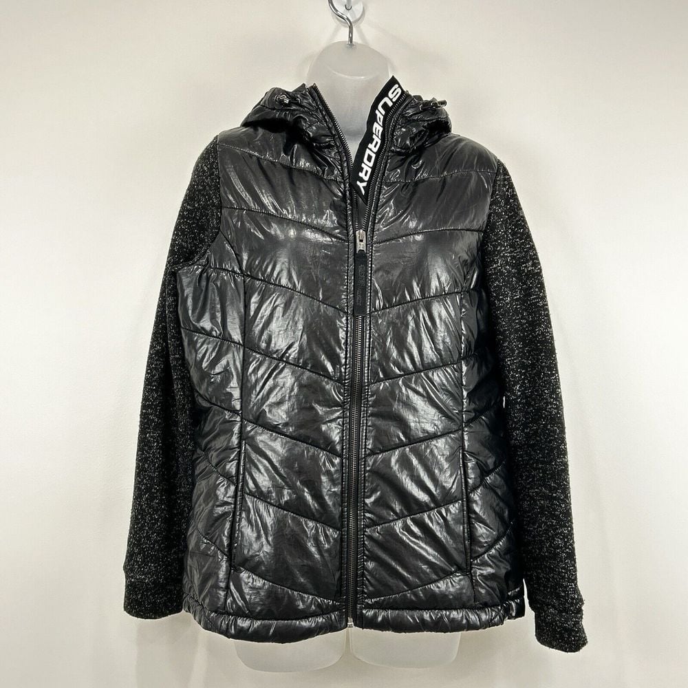 Superdry Jacket Women's 8 Black Storm Hybrid Hoodie Puffer Full Zip