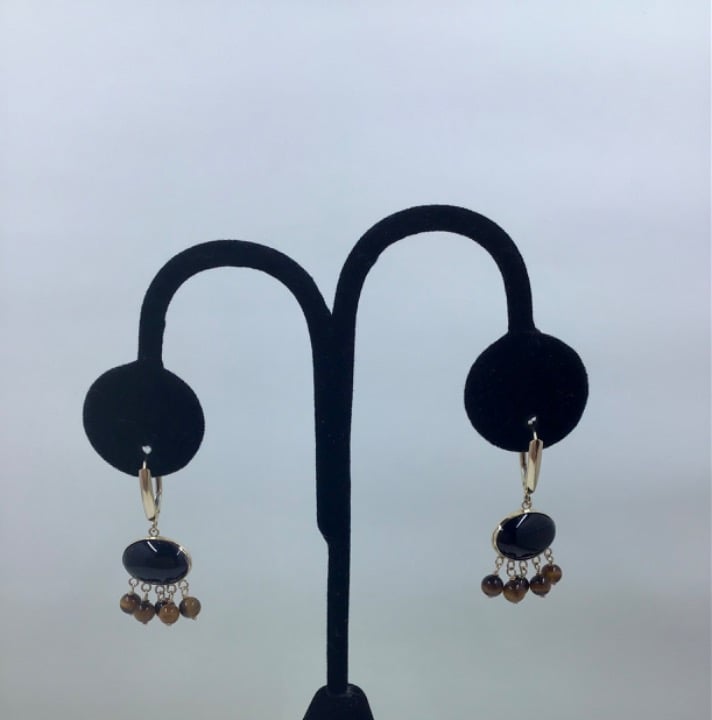 14K YG Black Onyx & Tigers Eye Lever-Back Earrings