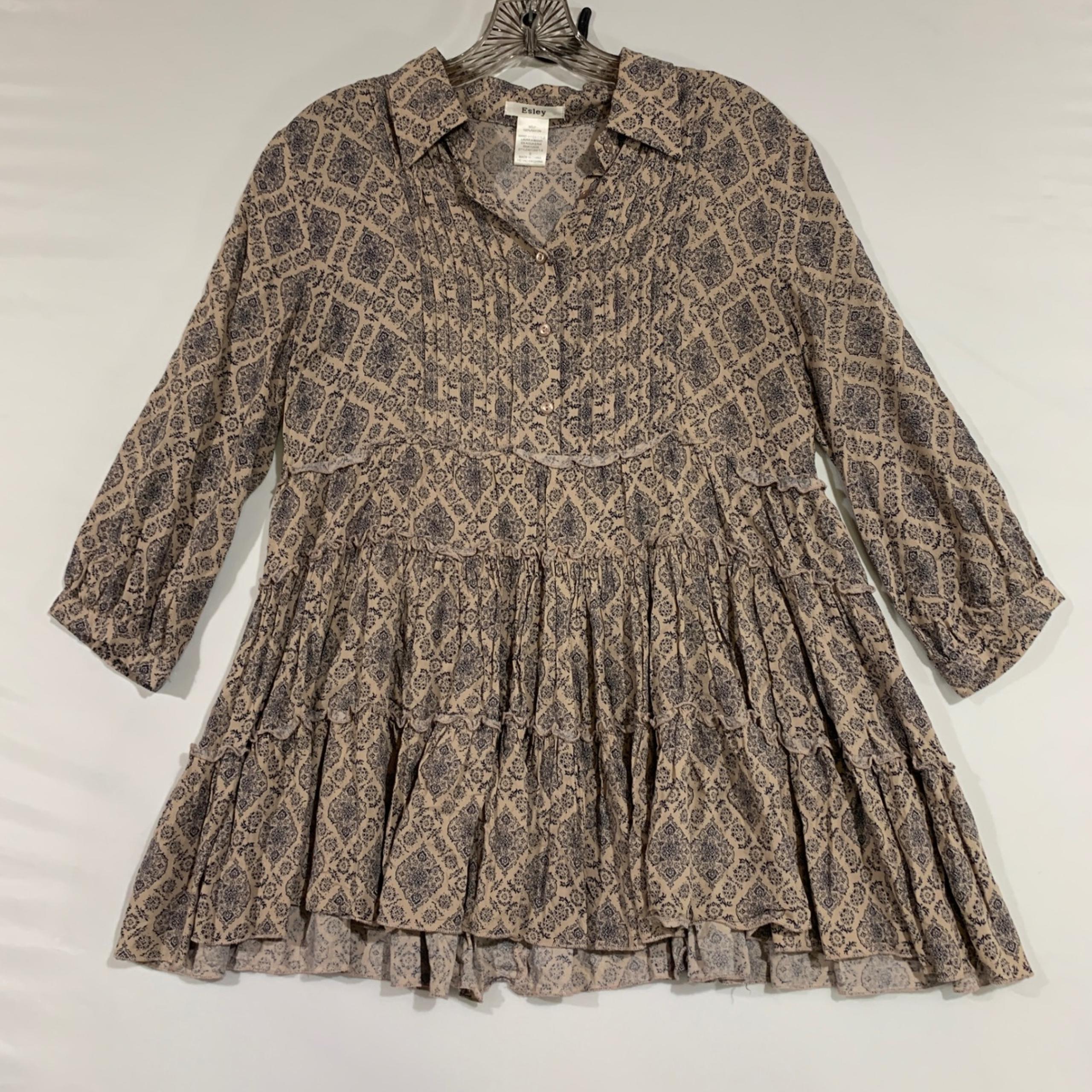 Esley Babydoll Tiered Tunic Top Bohemian Print Cottagecore Long Sleeve Small
