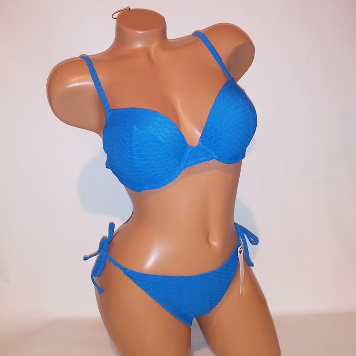 Victoria Secret Swim Bikini 36B Top Medium Bottom Cheeky Blue Push Up Textured S