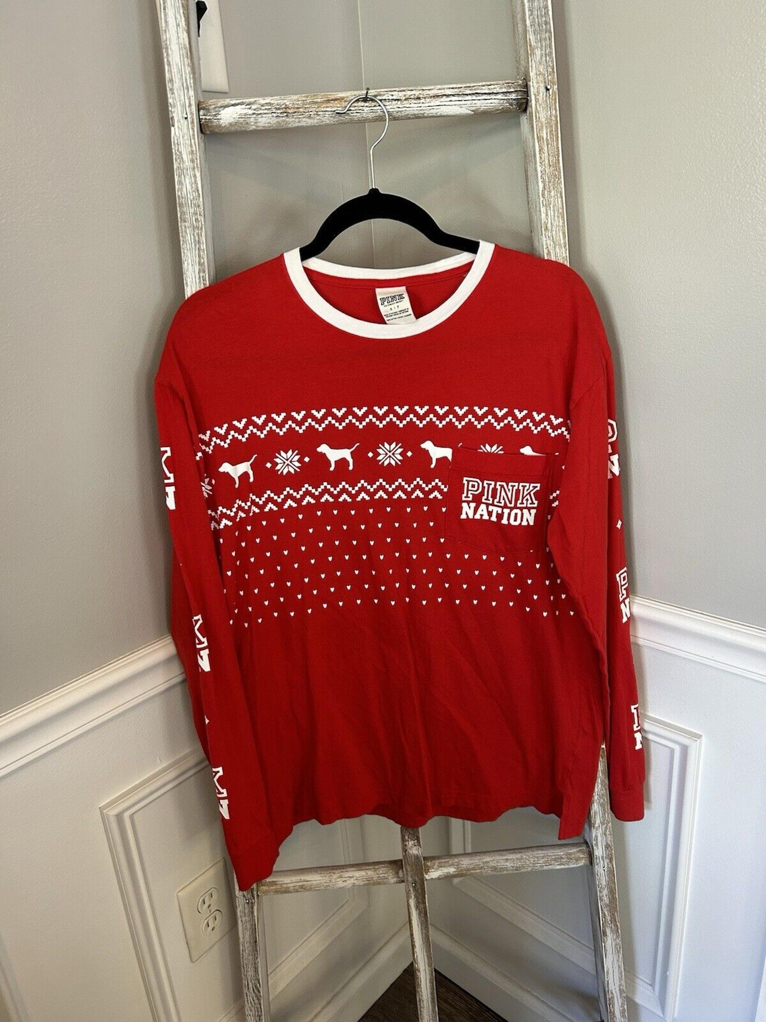 Victoria’s Secret Pink Nation Long Sleeve Tee Fair Isle Dog Heart Holiday Red SM