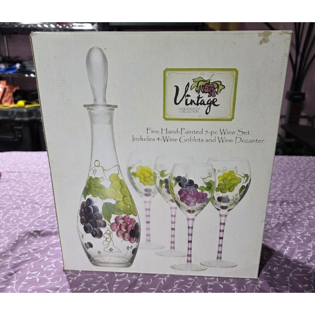 Home Essentials & Beyond Decanter Wine Glass 6 Pc Set Hand Painted Grapes Decor