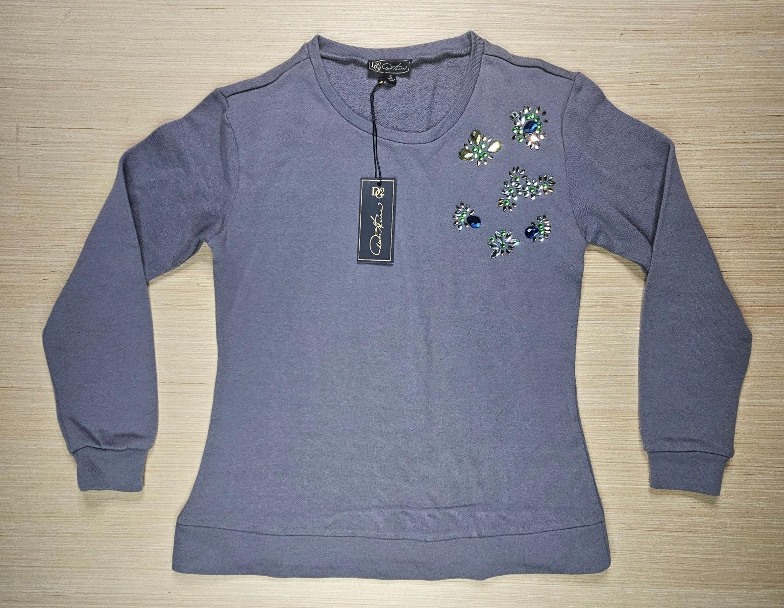 DG2 Diane Gilman Womens Sweater S Relaxed Gray Bejeweled Bishop Knit Y2K NEW