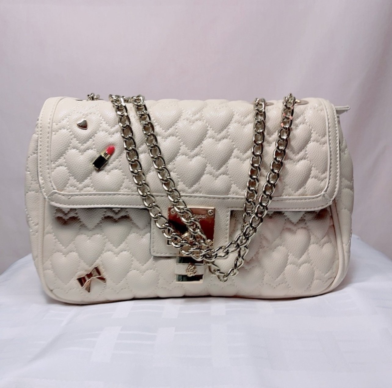 Betsey Johnson Cream Quilted Hearts Handbag