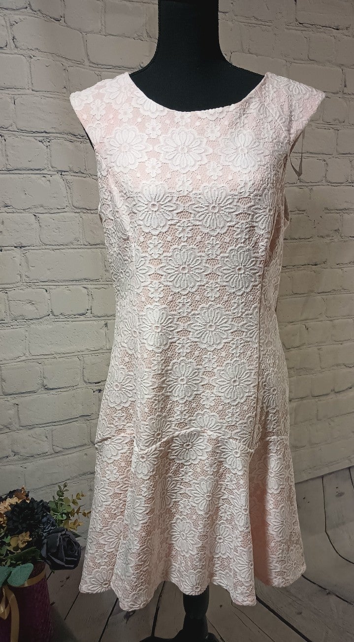 Slvls CrewNeck Embroidered Floral Lace Flounce Midi Dress Marshmallow BarlBlush