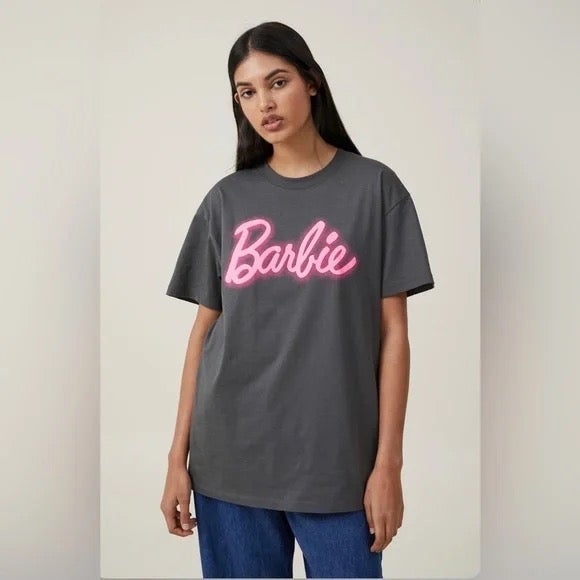 NWT Cotton On x Barbie Oversized Fit Gray T-shirt with BARBIE logo SIZE XS