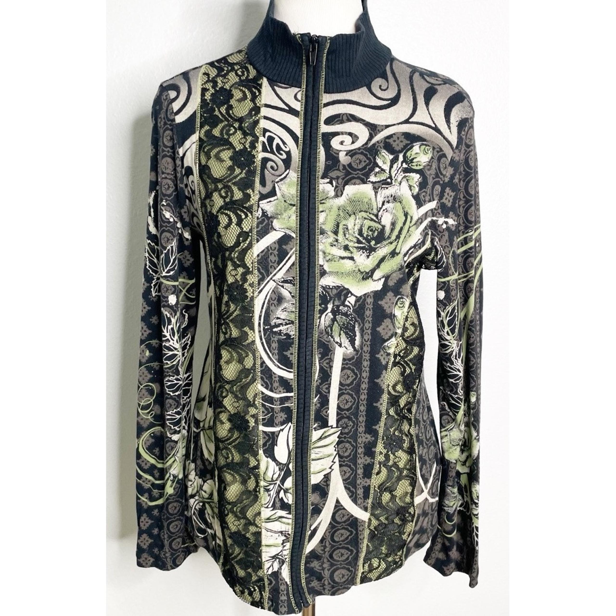 Y2K Vanilla Sugar Floral Lace Full Zip Mock Neck Top Large USA Whimsigoth Grunge