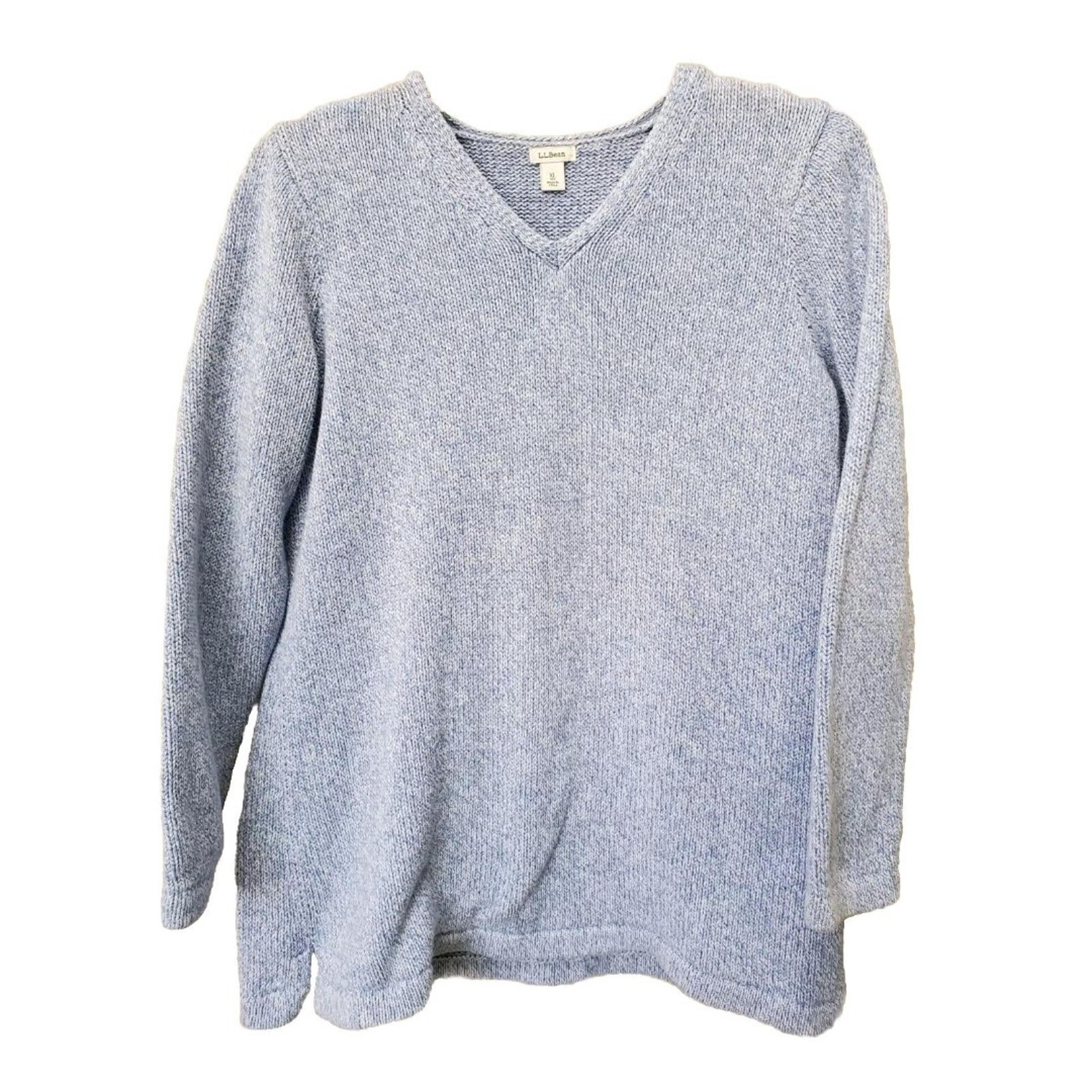 LL Bean Women's Blue 100% Cotton V-Neck Thick Knit Pullover Sweater Size XL