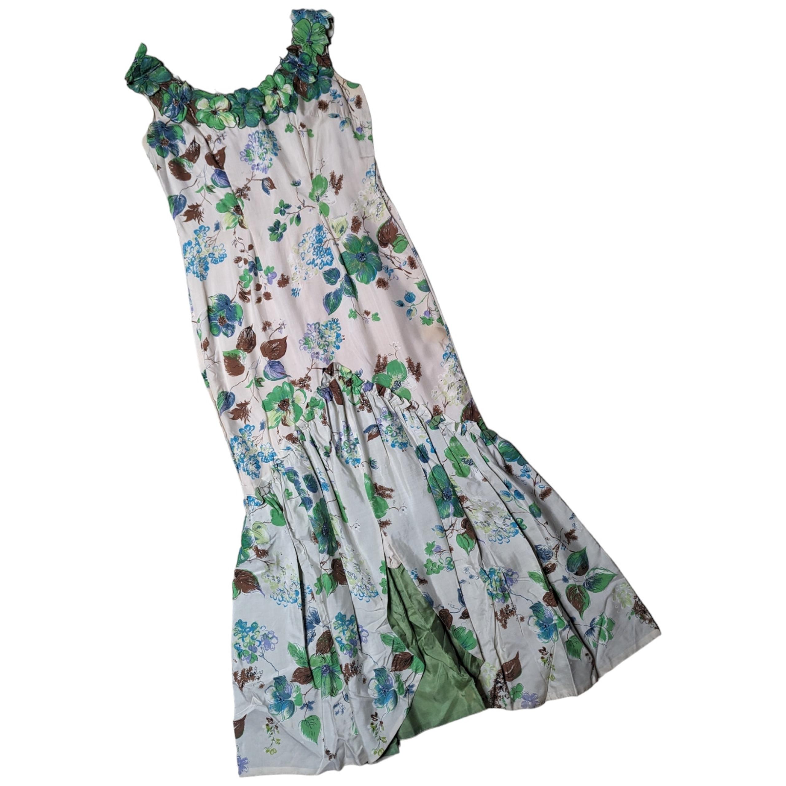 Vtg 1960s Gladys Williams Ivory Green Silk Floral Print Mermaid Hem Maxi Dress M