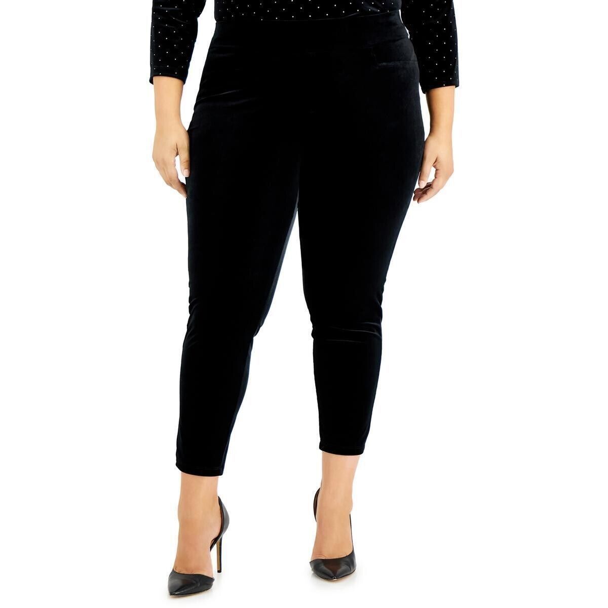 Anne Klein Women's Pants Velour Plus Size Slim-Leg Ankle Pull-On Pants Black 3X
