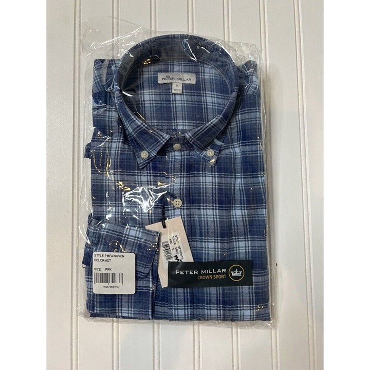 Peter Millar Crown Sport Men's Shirt Button Front Plaid Medium Blue NEW