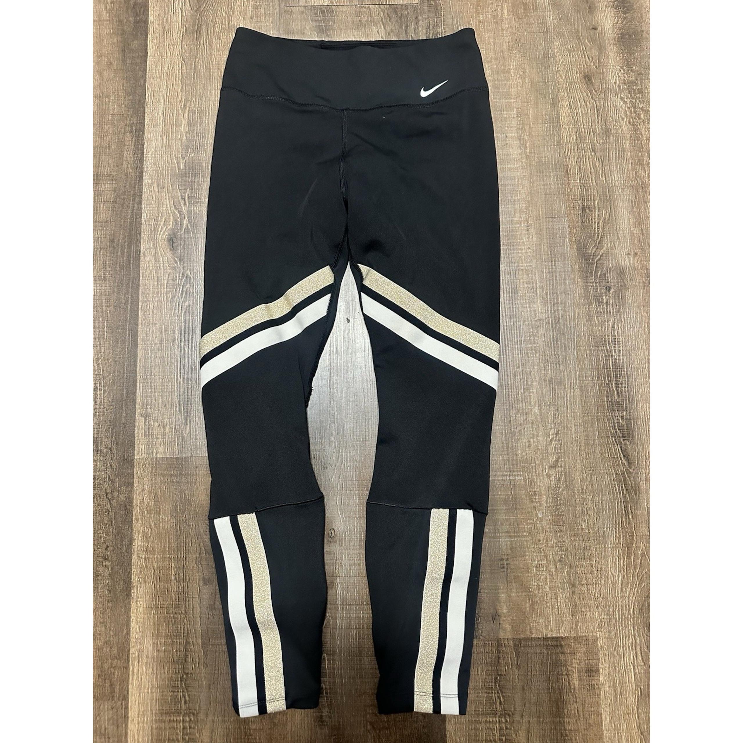 Nike Dri-Fit Women's Black Gold White Icon Striped Training Tights Size Medium