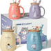 Cute Cat Mug Set of 4 Ceramic Coffee Cups with Lovely Kitty lid and Fish Spoon