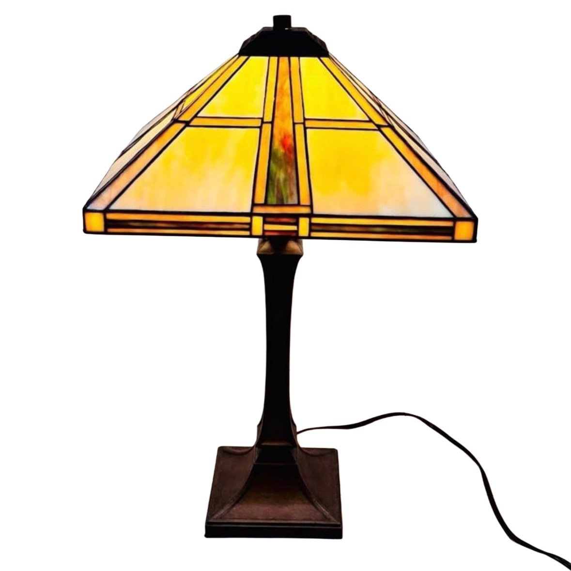 Vintage 24” Tiffany Style Marbled Geometric Mission Slag & Stained Glass Lamp