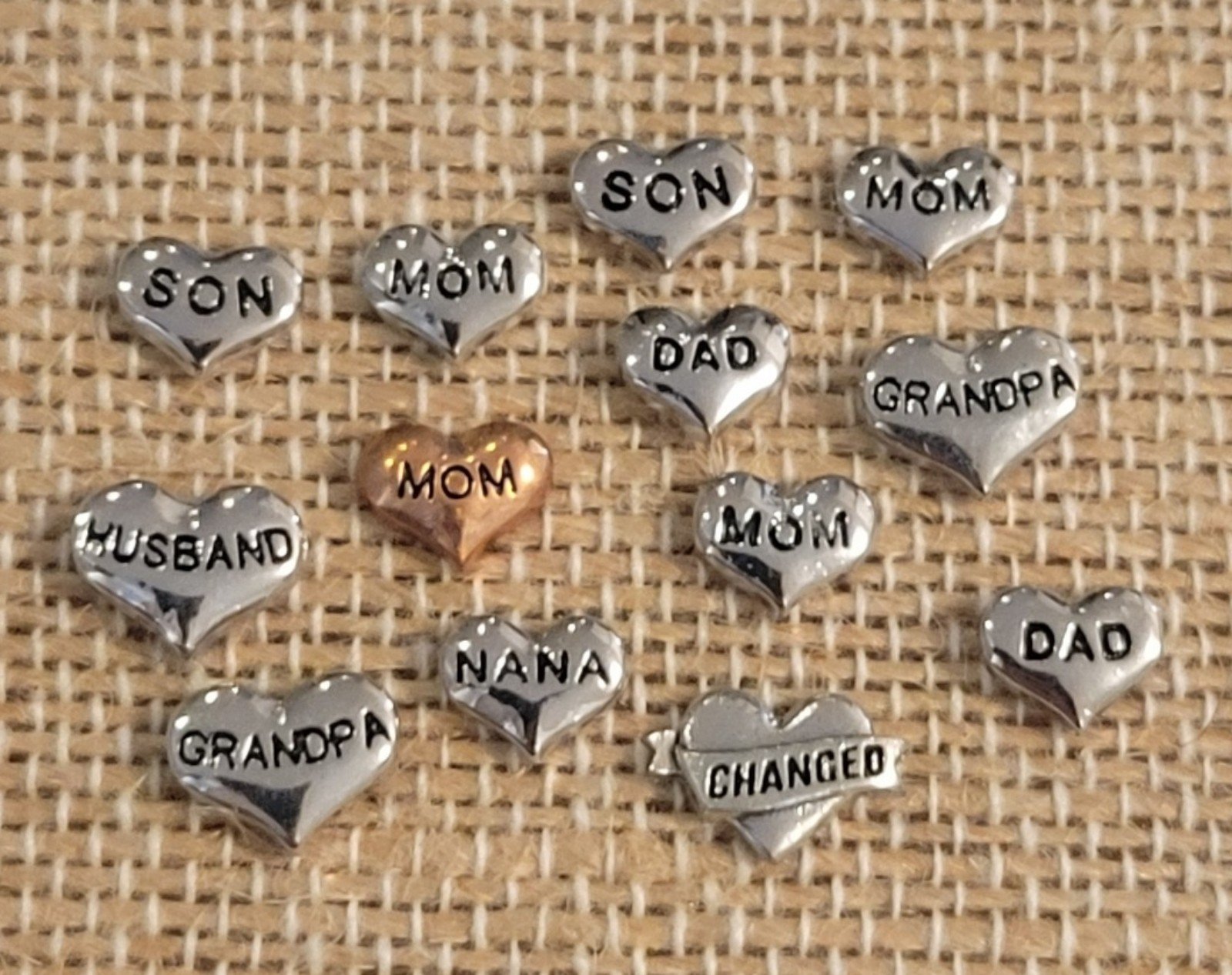 Origami Owl Silver Heart Incripted "Son, Husband, Mom, Grandpa, Dad, Nana" Charm