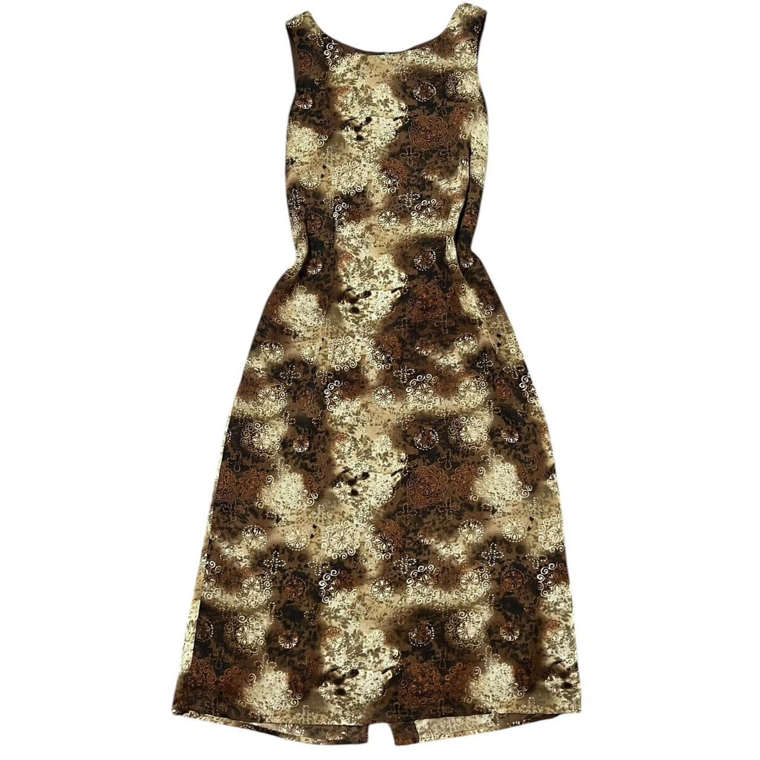 VTG Y2K Studio I Dark Brown & Tan Boho Pattern Sheath Hugh Neck Midi Dress 8/M - American Vintage