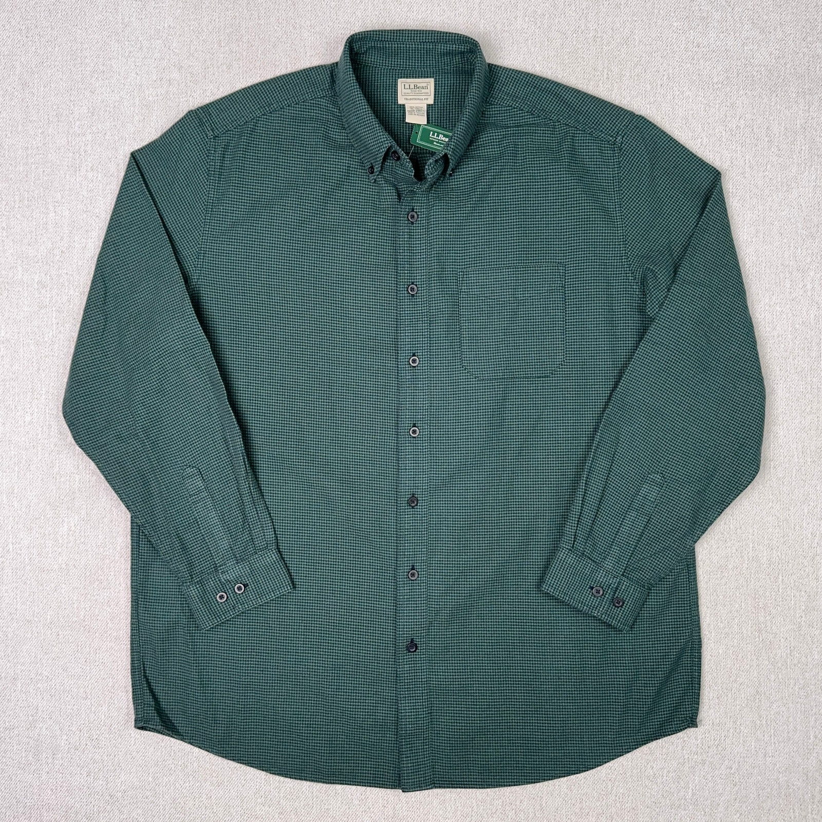 LL Bean Wicked Good Houndstooth Flannel Button Shirt Mens XL Tall Relaxed Green