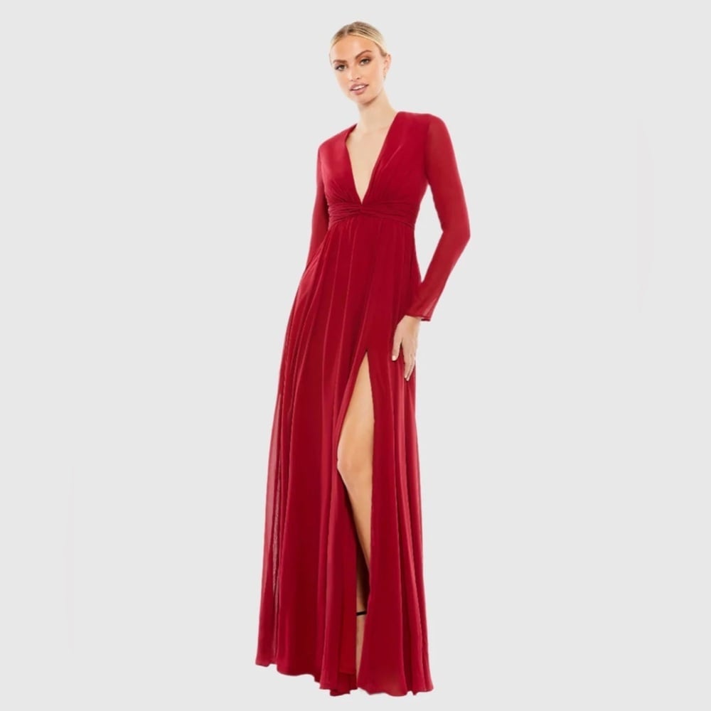 Size 10 Mac Duggal 55680 V-NECK FRONT TWIST LONG SLEEVE GOWN