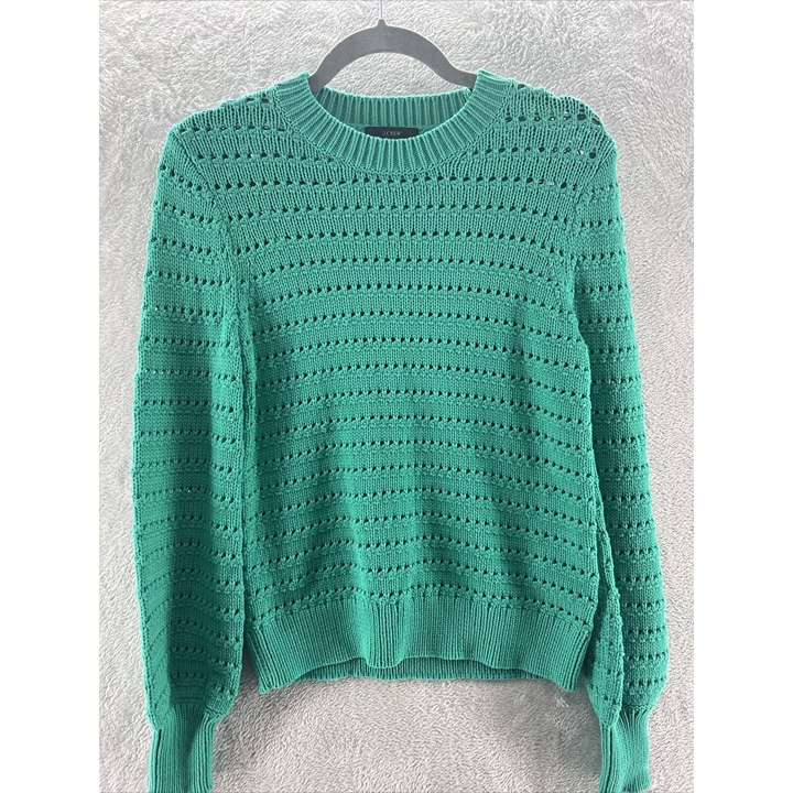 J. Crew Patina Green Balloon Sleeve Pointelle Crew Neck Sweater Sz S