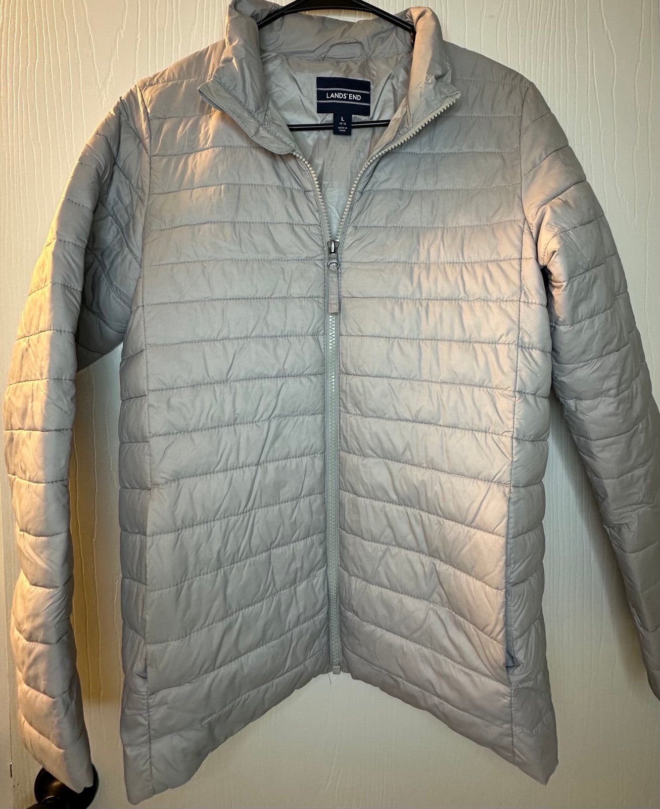 Lands End light gray silver full zip lined winter puffer coat girls large 14-16