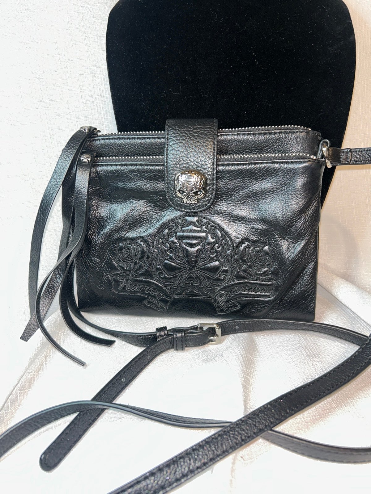 Harley Davison Leather Crossbody With skull embroidered design.