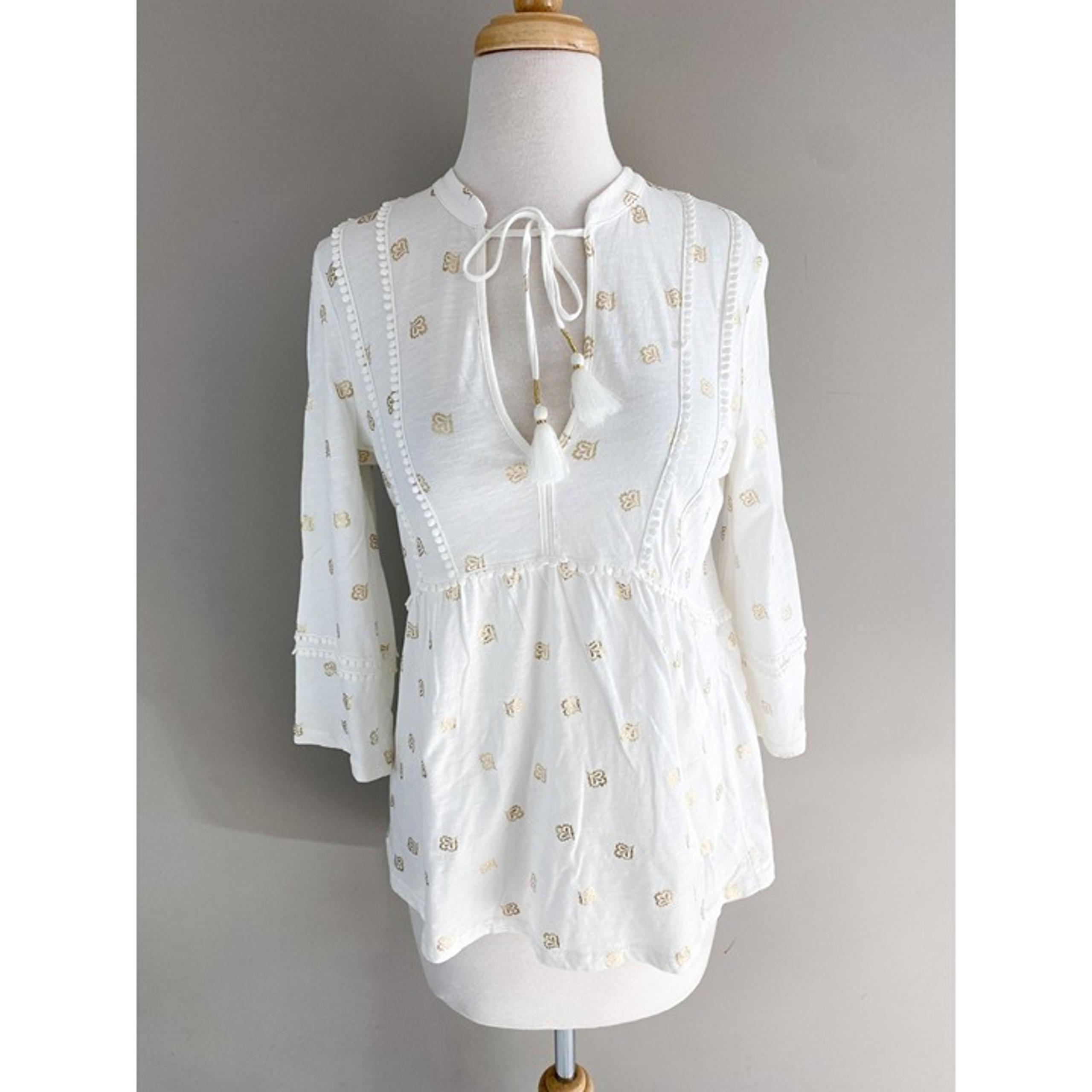 Boden Ivory Gold Paisley Metallic Knit Tassle Tie 3/4 Sleeve Top 4R