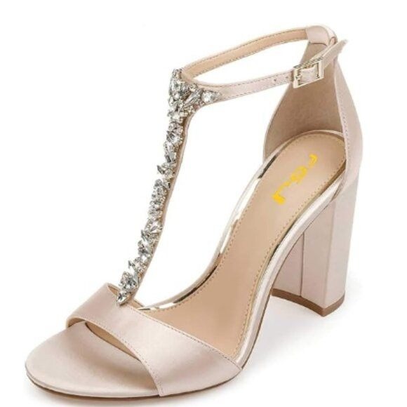 FSJ Champagne T Strap Open Toe Sandals Rhinestones Crystal Studded Chunky