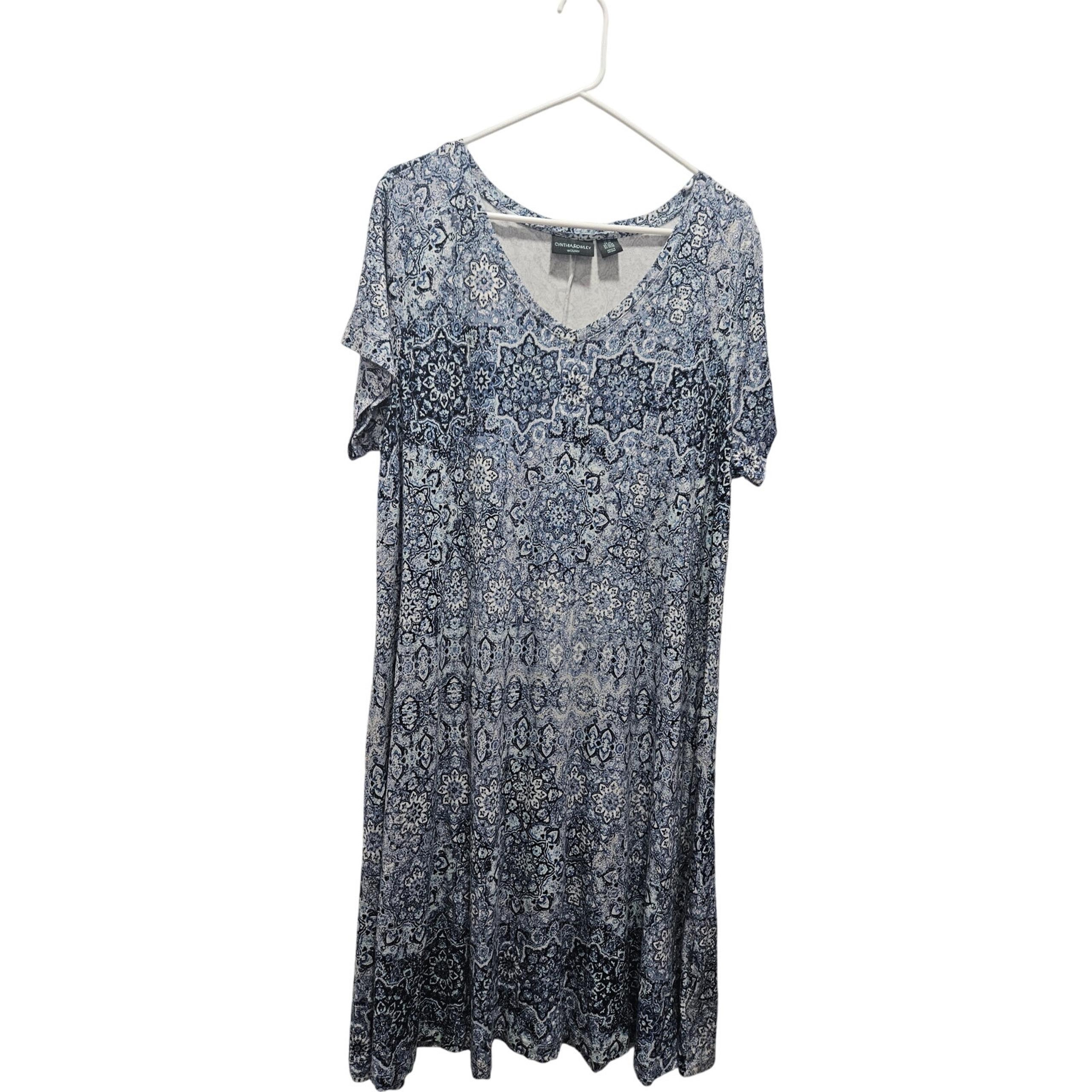 Cynthia Rowley 2X Blue Printed Dress Plus Size V-Neck Short Sleeve Stretchy