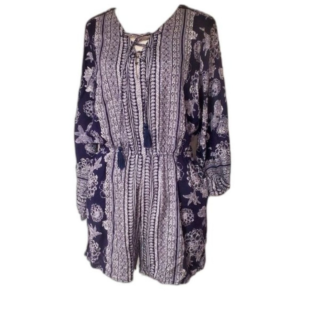 Charming Charlie Flower Power Blue Geometric & Floral Boho Long Sleeve Romper