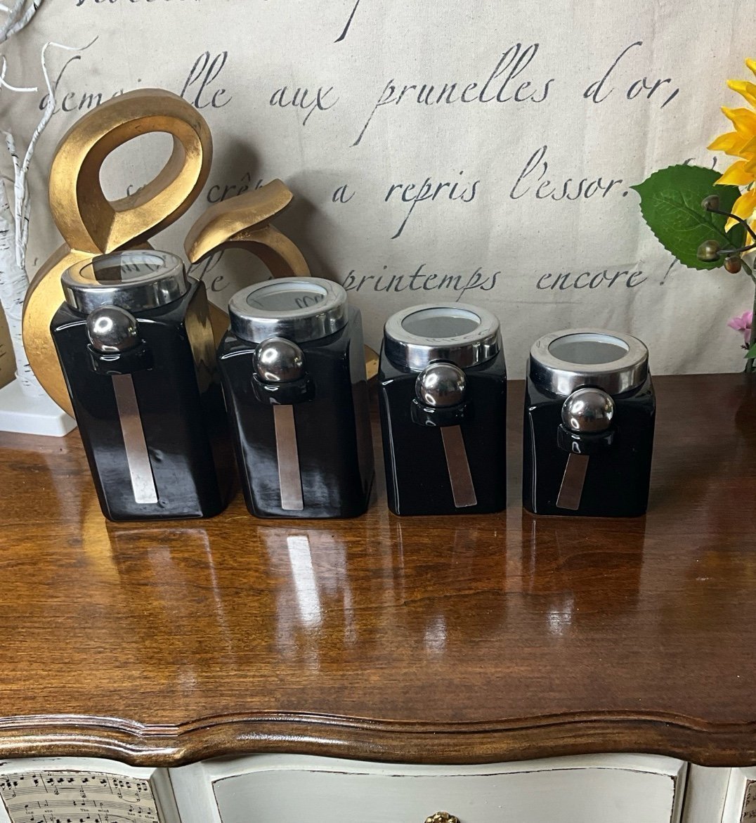 Kitchen canister set black ceramic with measuring spoons stainless steel lid